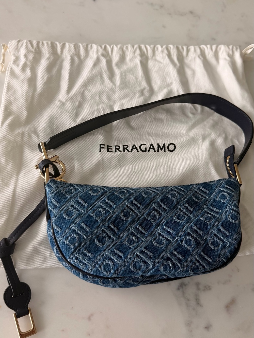 Ferragamo Monogram Mini Hobo Bag Denim Jacquard Blue Gancini Shoulder Bag